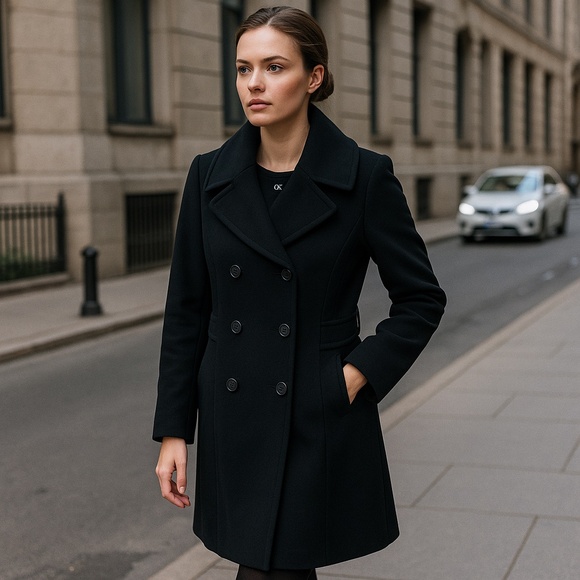 Vintage Calvin Klein Black Wool Coat | Classic Double-Breasted Longline Size 10 - Picture 1 of 16
